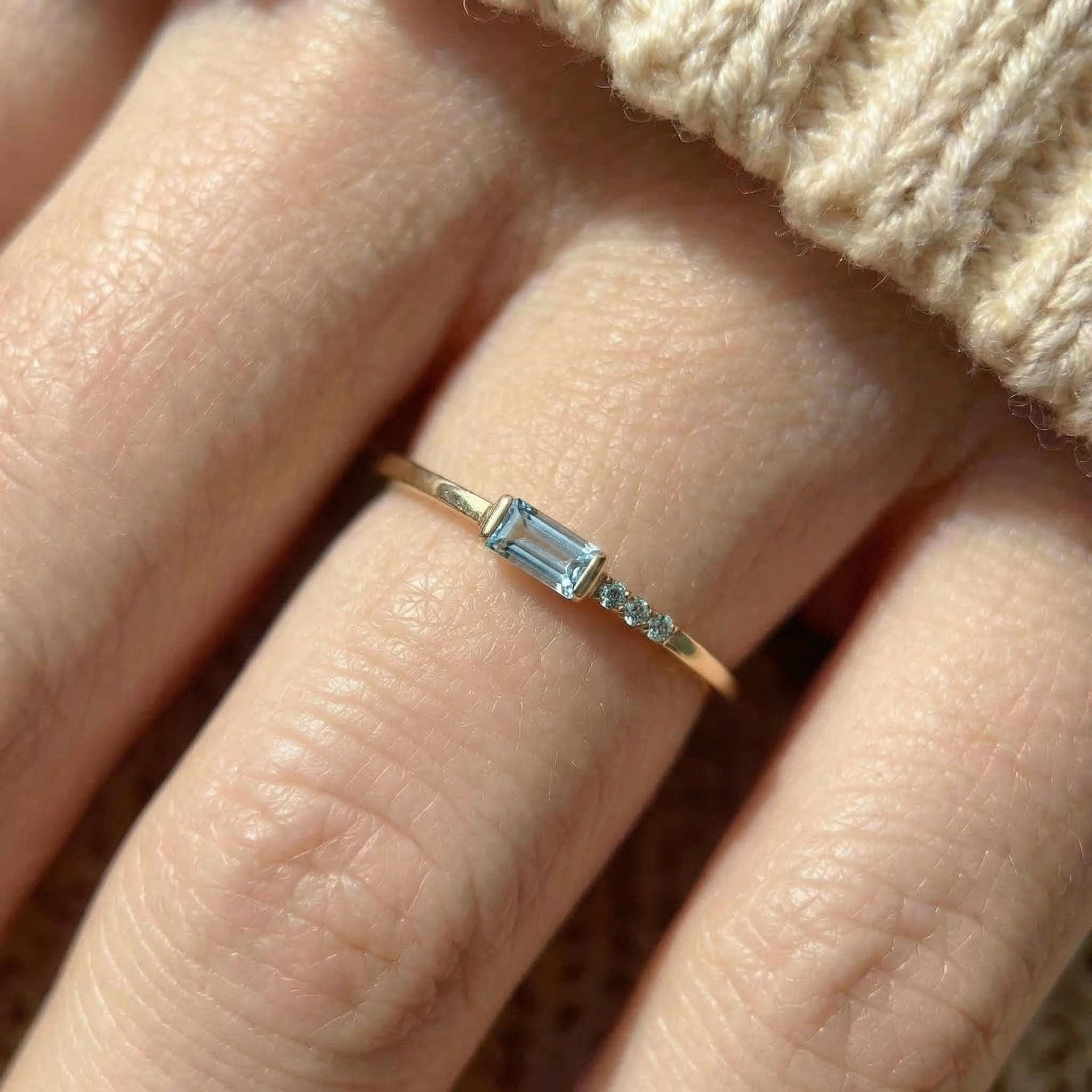Baguette Aquamarine Ring | Dainty Minimalist March Birthstone Jewelry | Gift for Wife | Mother’s Day Ring