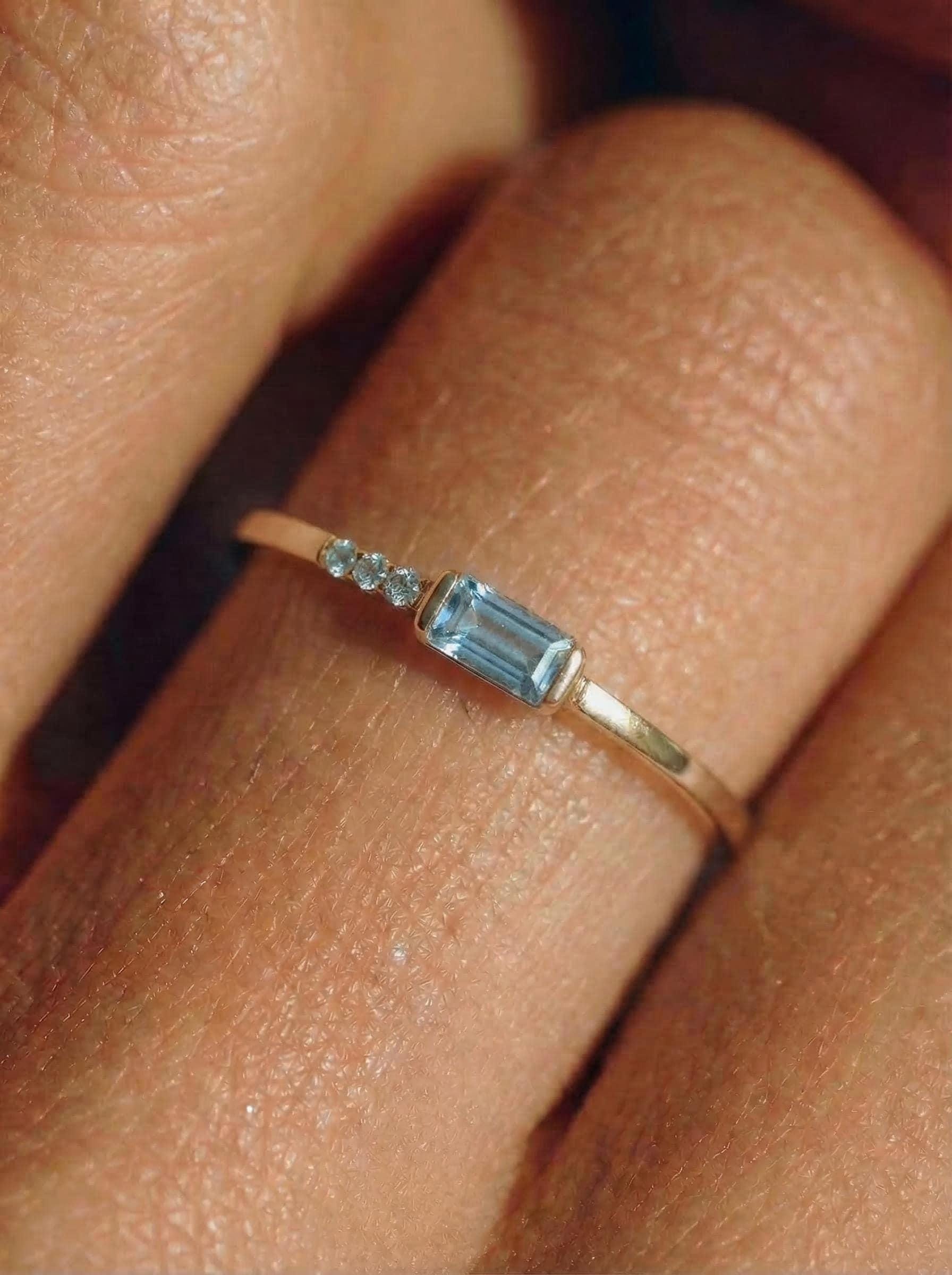 Baguette Aquamarine Ring | Dainty Minimalist March Birthstone Jewelry | Gift for Wife | Mother’s Day Ring