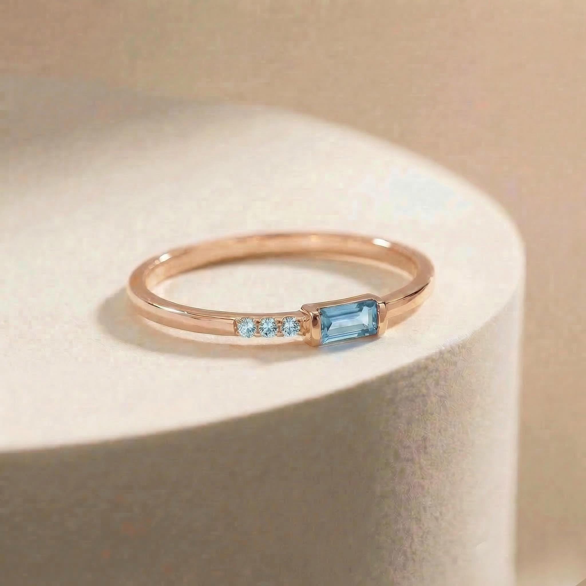 Baguette Aquamarine Ring | Dainty Minimalist March Birthstone Jewelry | Gift for Wife | Mother’s Day Ring