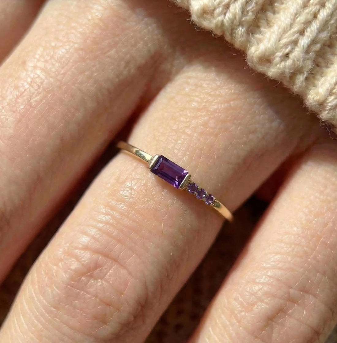 Baguette Amethyst Ring | Dainty Minimalist February Birthstone Jewelry | Personalized Gift for Wife