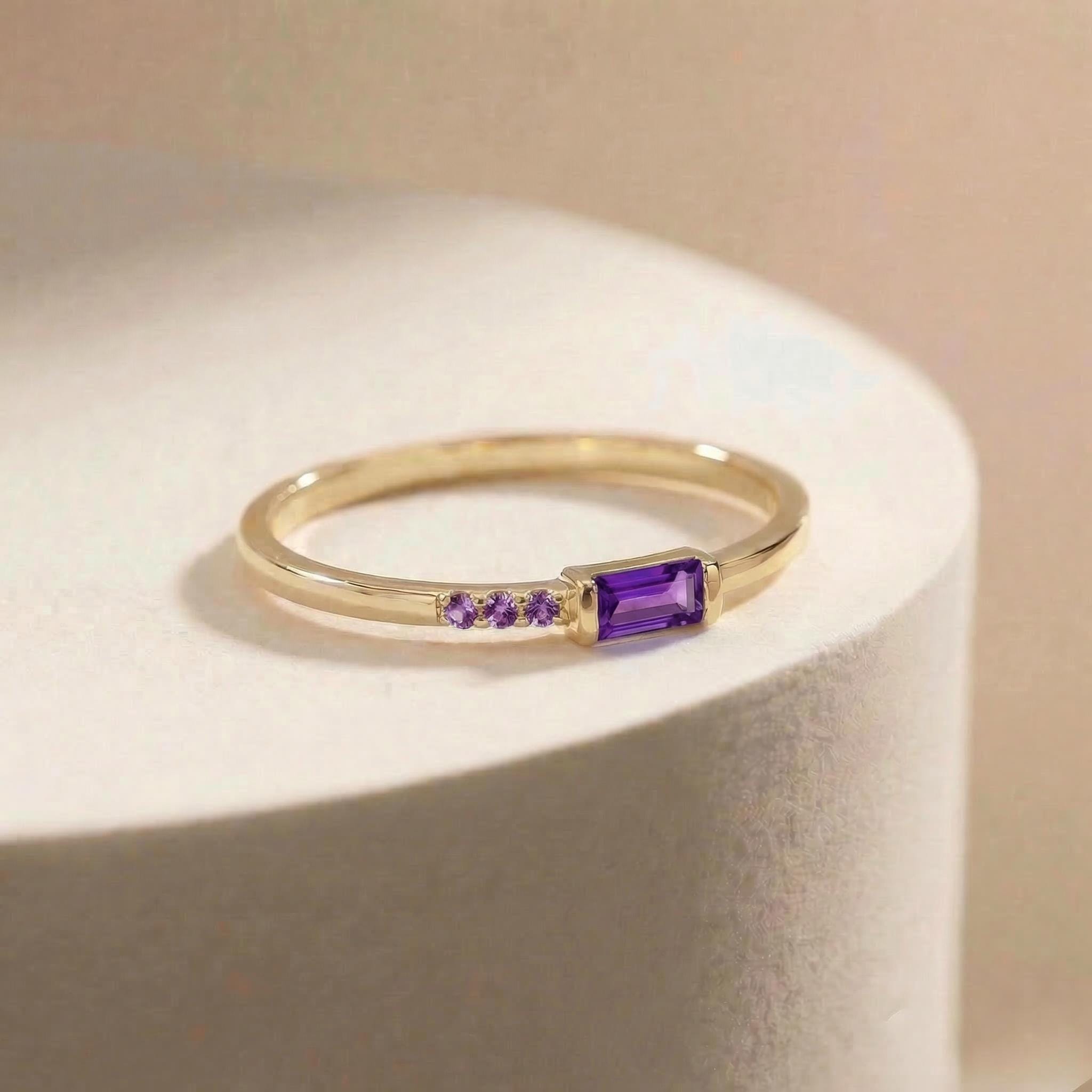 Baguette Amethyst Ring | Dainty Minimalist February Birthstone Jewelry | Personalized Gift for Wife