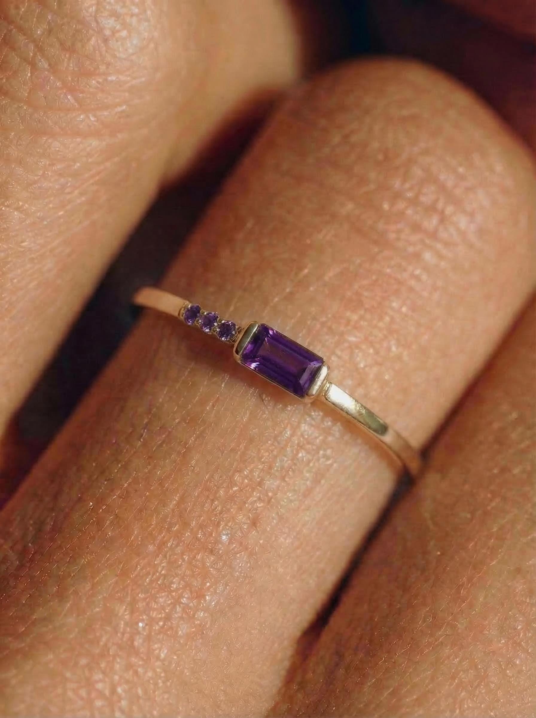 Baguette Amethyst Ring | Dainty Minimalist February Birthstone Jewelry | Personalized Gift for Wife