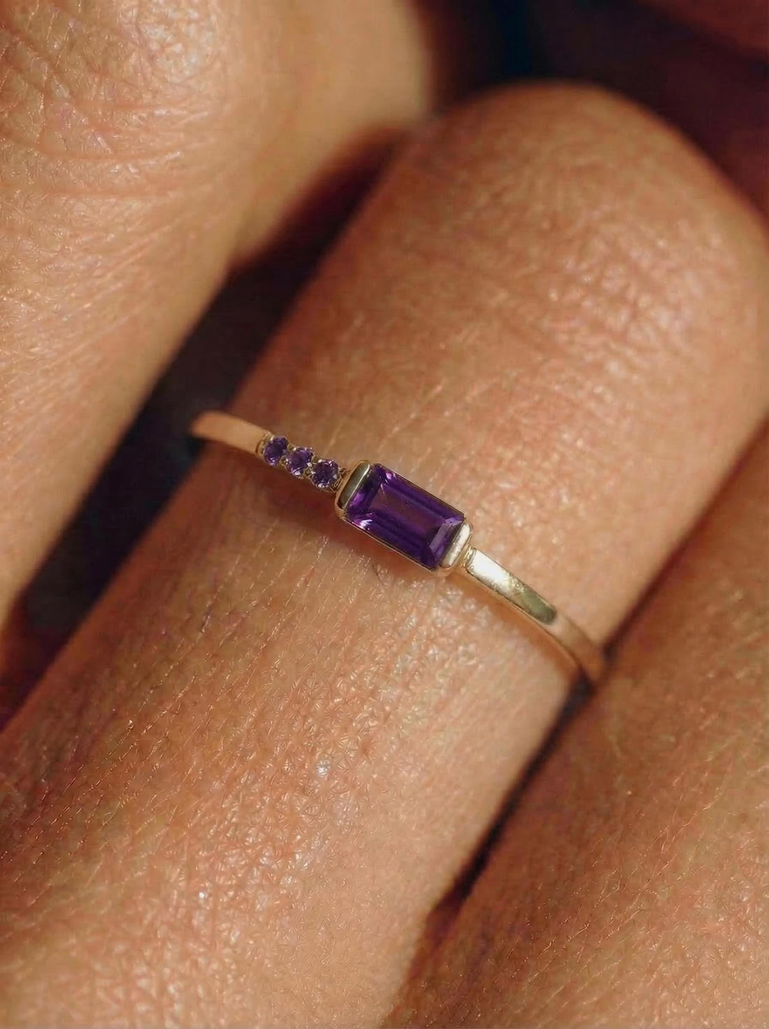 Baguette Amethyst Ring | Dainty Minimalist February Birthstone Jewelry | Personalized Gift for Wife