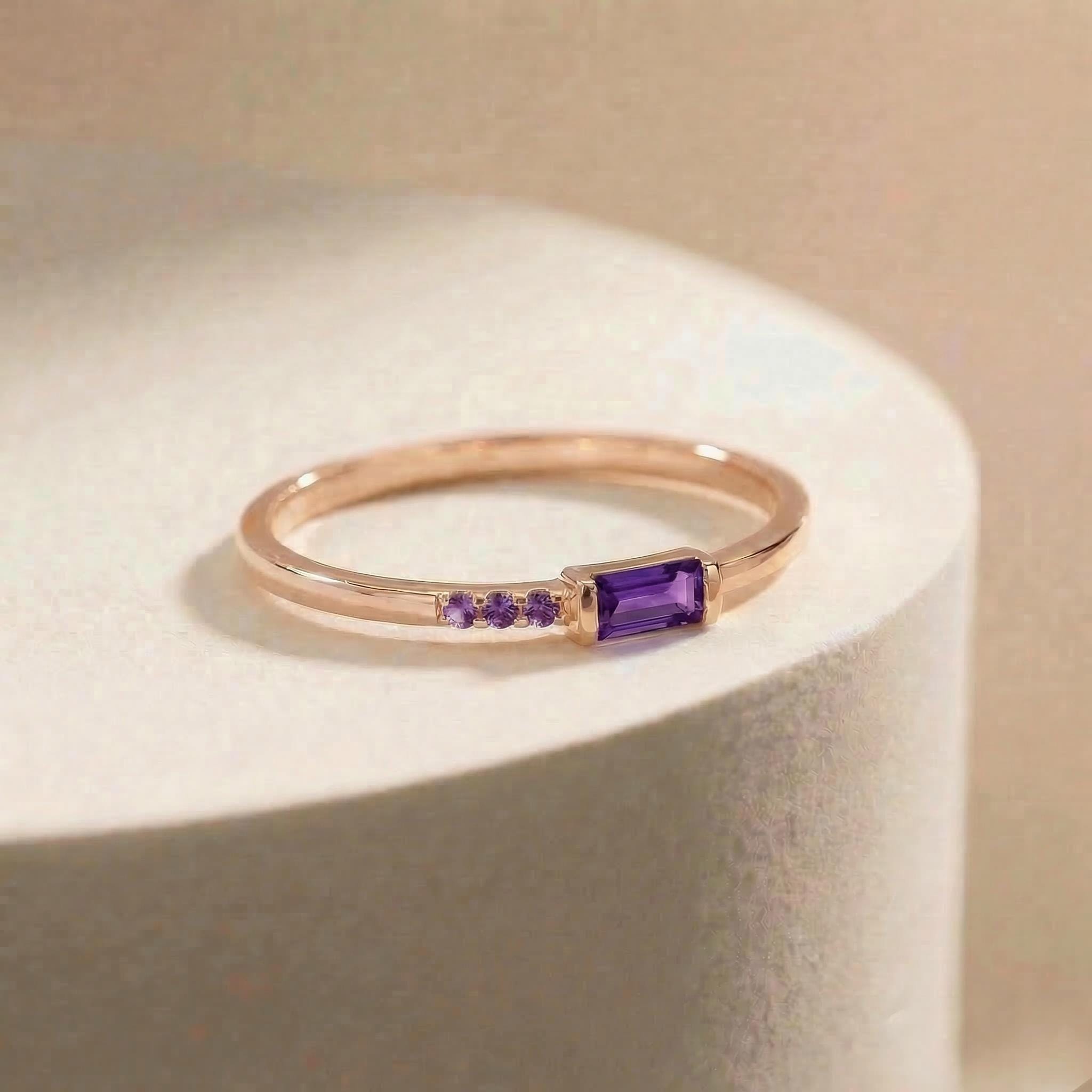 Baguette Amethyst Ring | Dainty Minimalist February Birthstone Jewelry | Personalized Gift for Wife