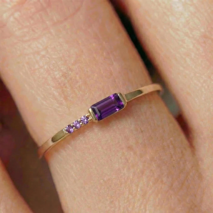 Baguette Amethyst Ring | Dainty Minimalist February Birthstone Jewelry | Personalized Gift for Wife