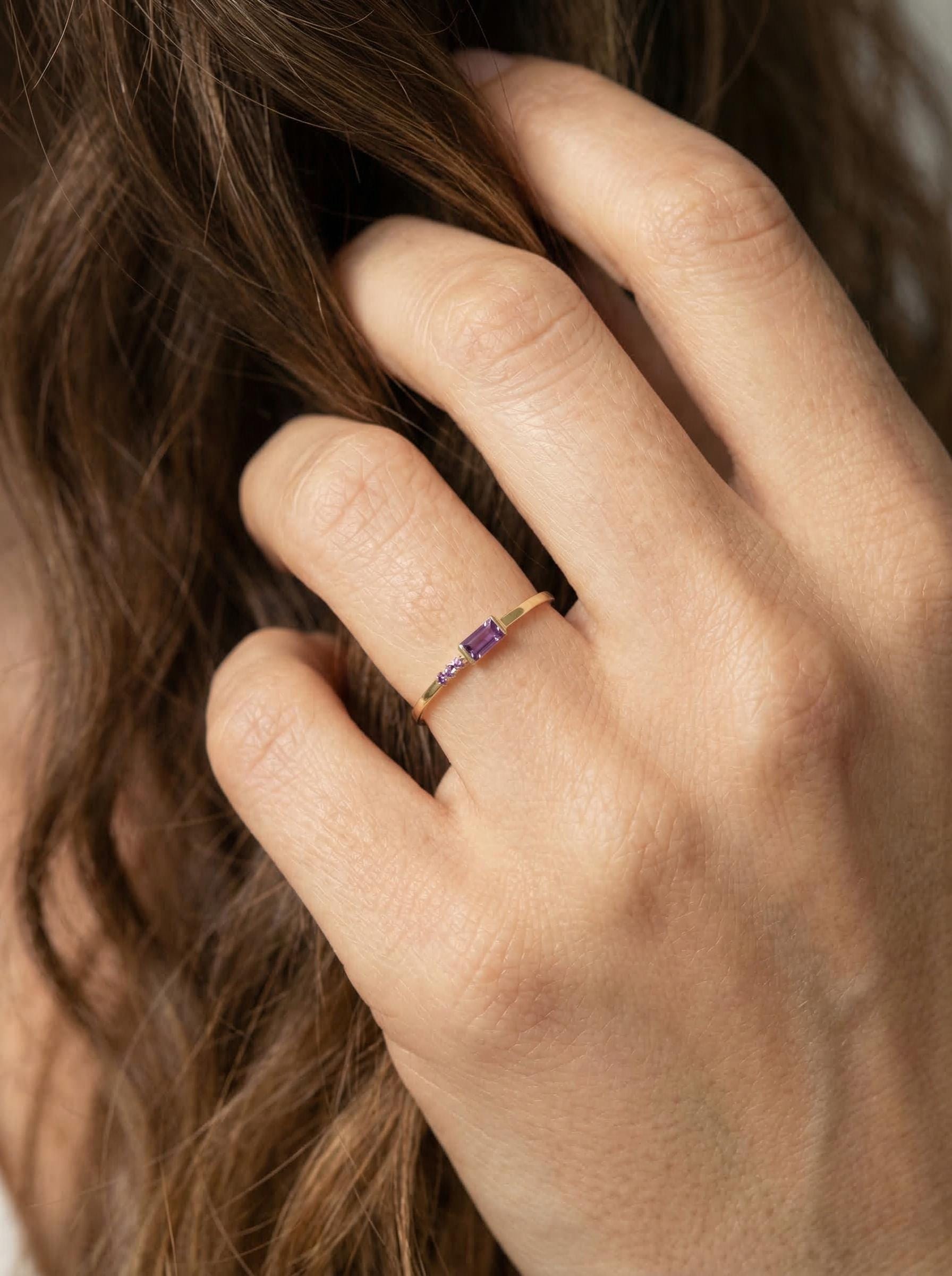 Baguette Amethyst Ring | Dainty Minimalist February Birthstone Jewelry | Personalized Gift for Wife
