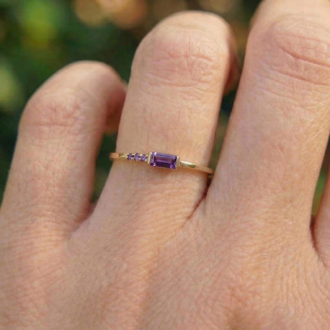 Baguette Amethyst Ring | Dainty Minimalist February Birthstone Jewelry | Personalized Gift for Wife