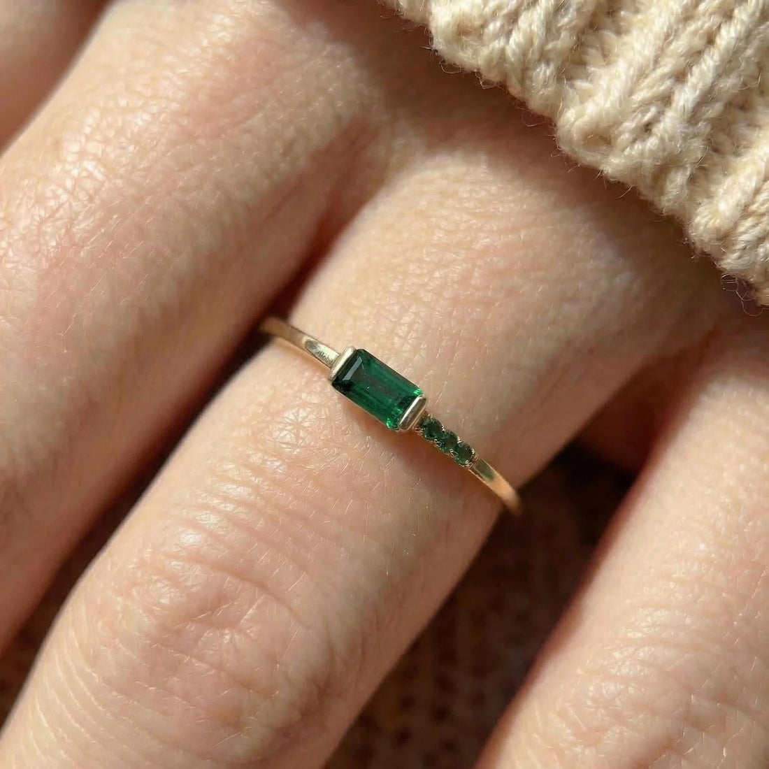 Baguette Green Sapphire Ring | Dainty Minimalist Stacking Band | September Birthstone Ring for Her