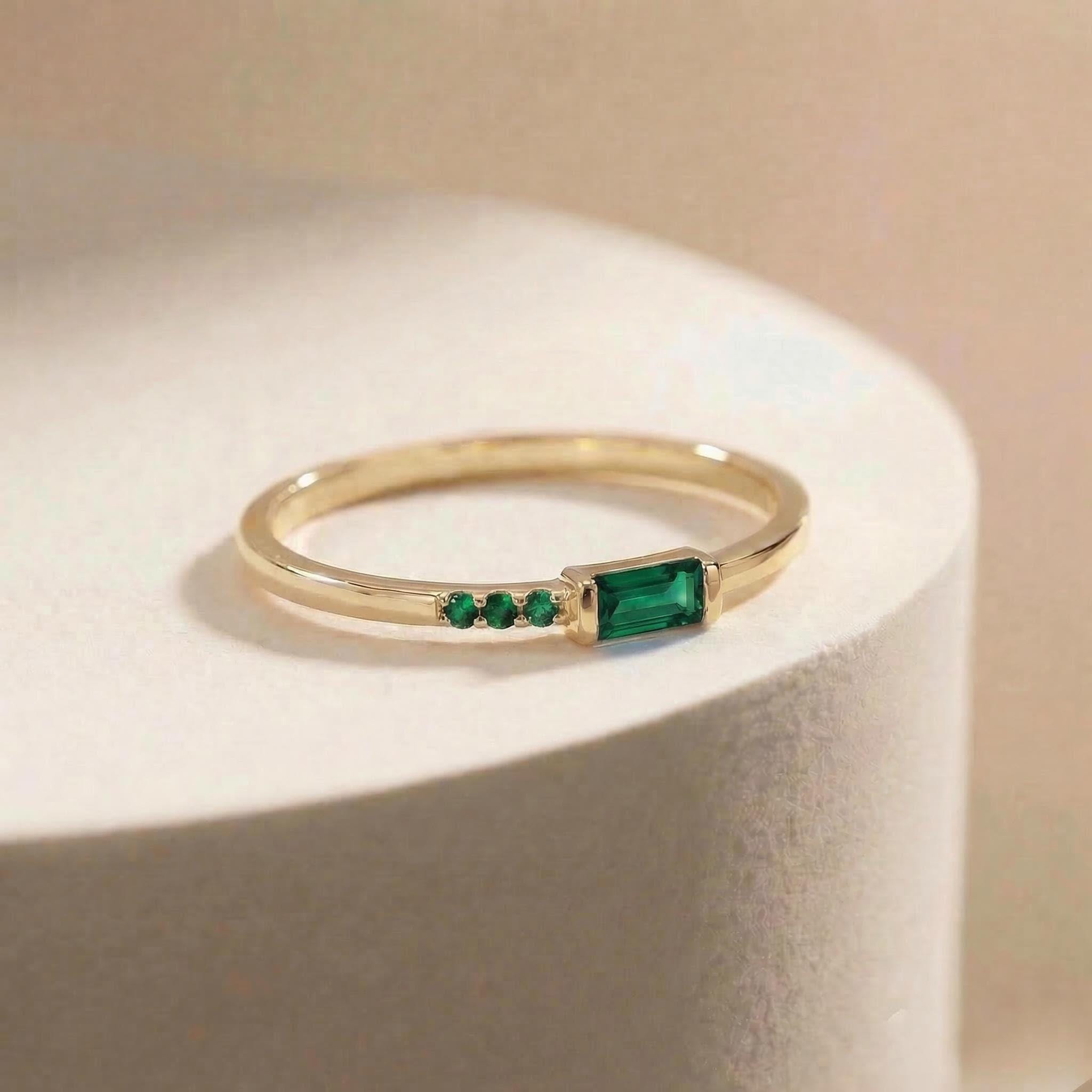 Baguette Green Sapphire Ring | Dainty Minimalist Stacking Band | September Birthstone Ring for Her