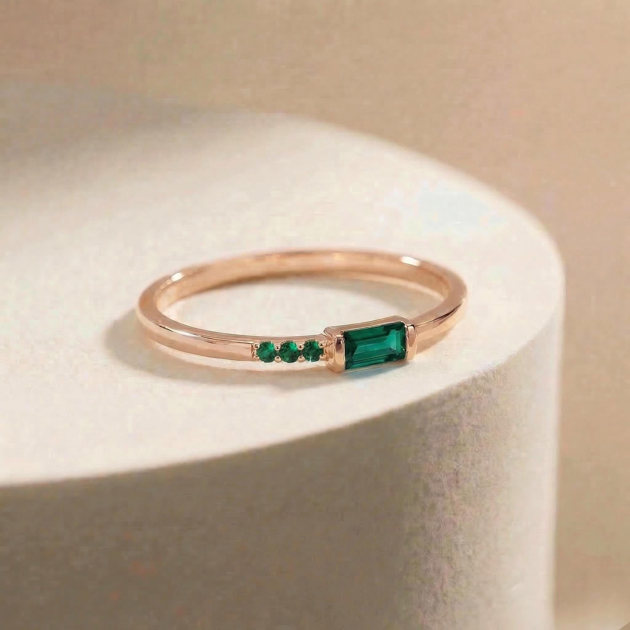 Baguette Green Sapphire Ring | Dainty Minimalist Stacking Band | September Birthstone Ring for Her