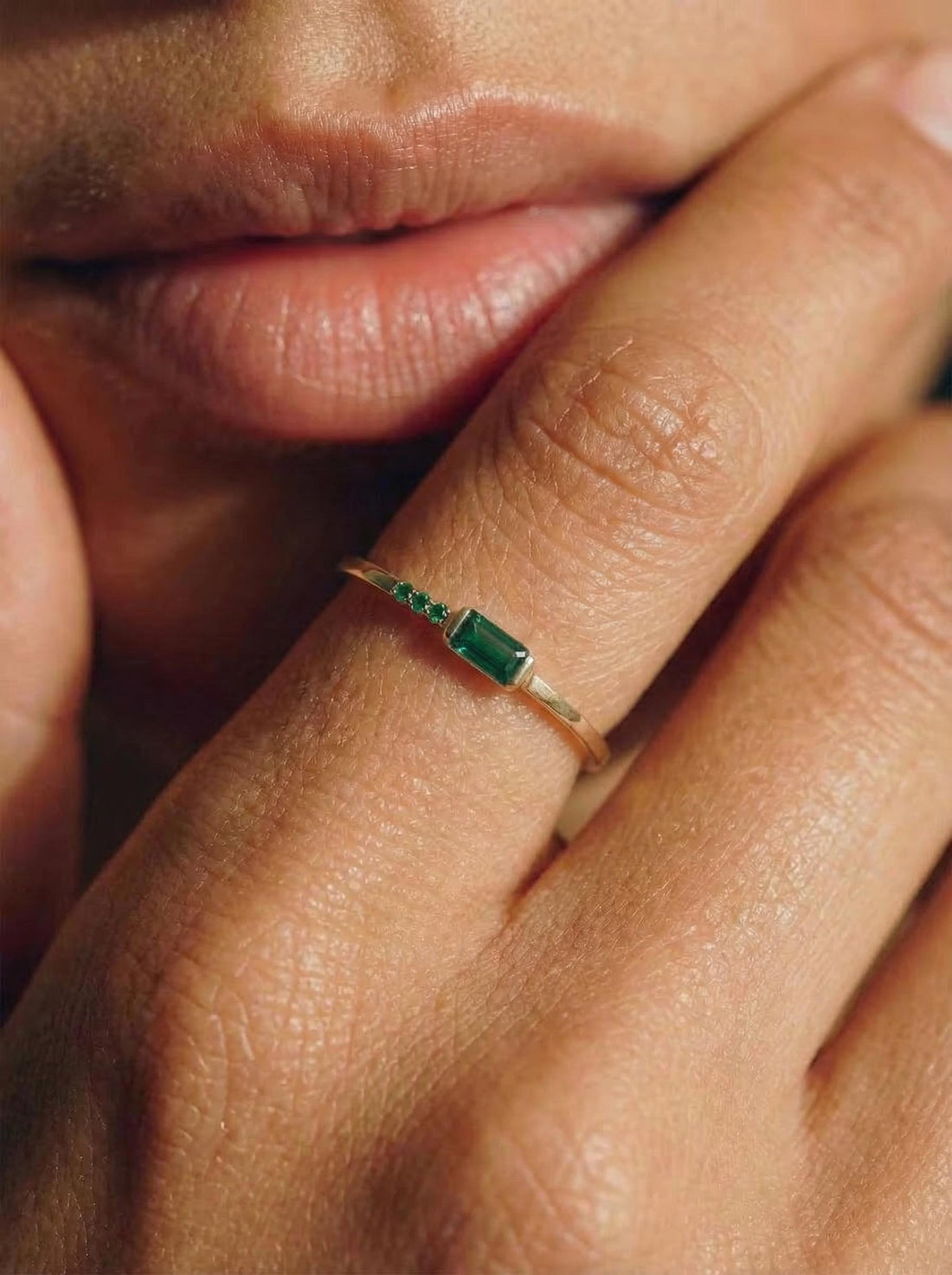 Baguette Green Sapphire Ring | Dainty Minimalist Stacking Band | September Birthstone Ring for Her