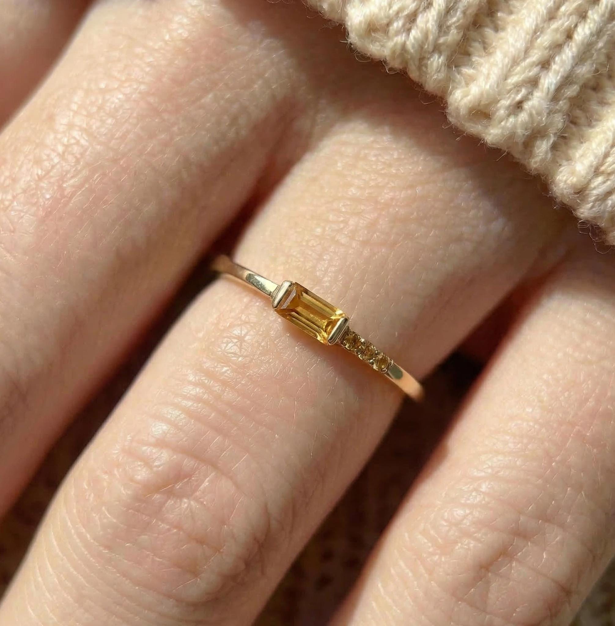 Dainty Baguette Citrine Ring | Minimalist November Birthstone Jewelry | Personalized Ring for Mom & Wife