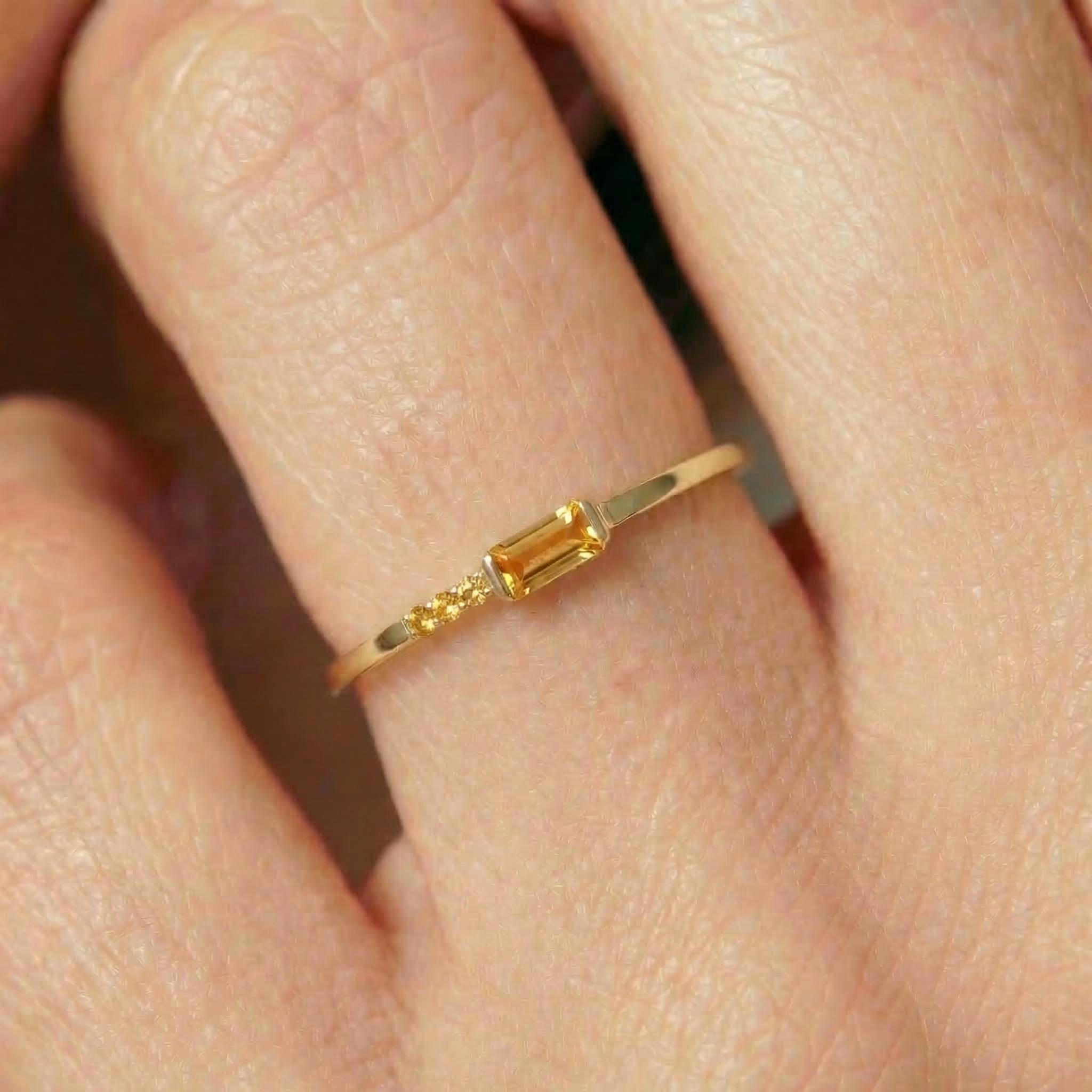 Dainty Baguette Citrine Ring | Minimalist November Birthstone Jewelry | Personalized Ring for Mom & Wife