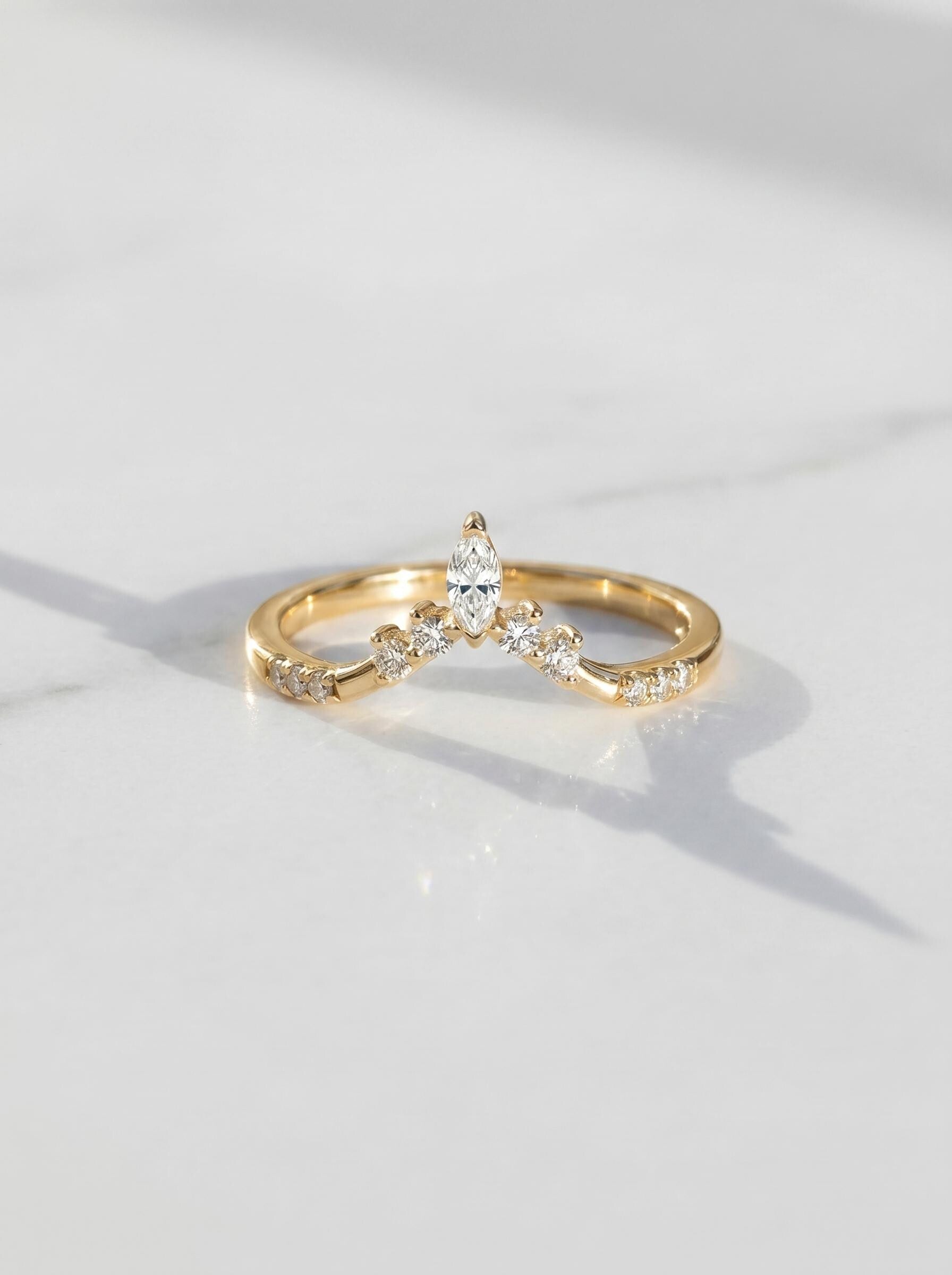 Moissanite Curved Wedding Band, Art Deco 10K/14K Solid Gold Ring, Chevron Stacking Band for Her, Minimalist Matching Band