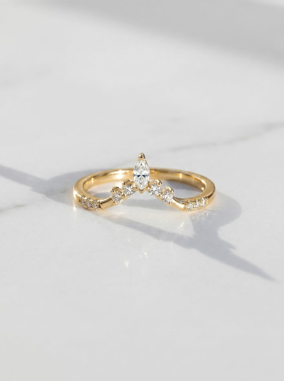 Moissanite Curved Wedding Band, Art Deco 10K/14K Solid Gold Ring, Chevron Stacking Band for Her, Minimalist Matching Band