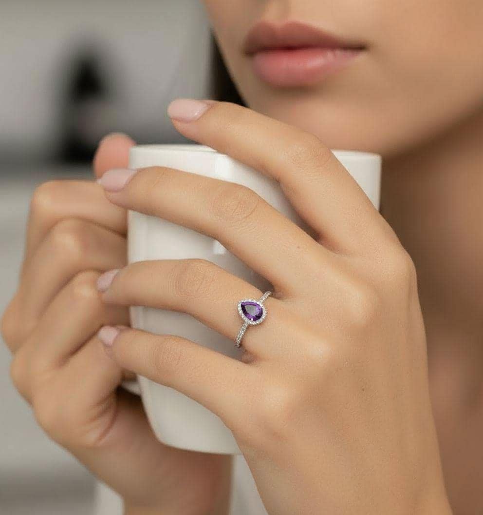Pear Cut Amethyst Halo Ring, Purple Gemstone Engagement Promise Ring, 14K Gold Silver Bridal Jewelry, Birthstone Gift for Her