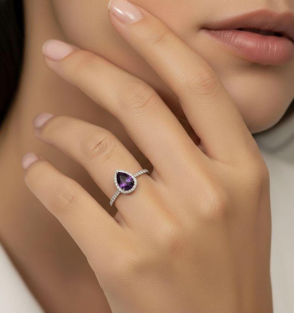 Pear Cut Amethyst Halo Ring, Purple Gemstone Engagement Promise Ring, 14K Gold Silver Bridal Jewelry, Birthstone Gift for Her