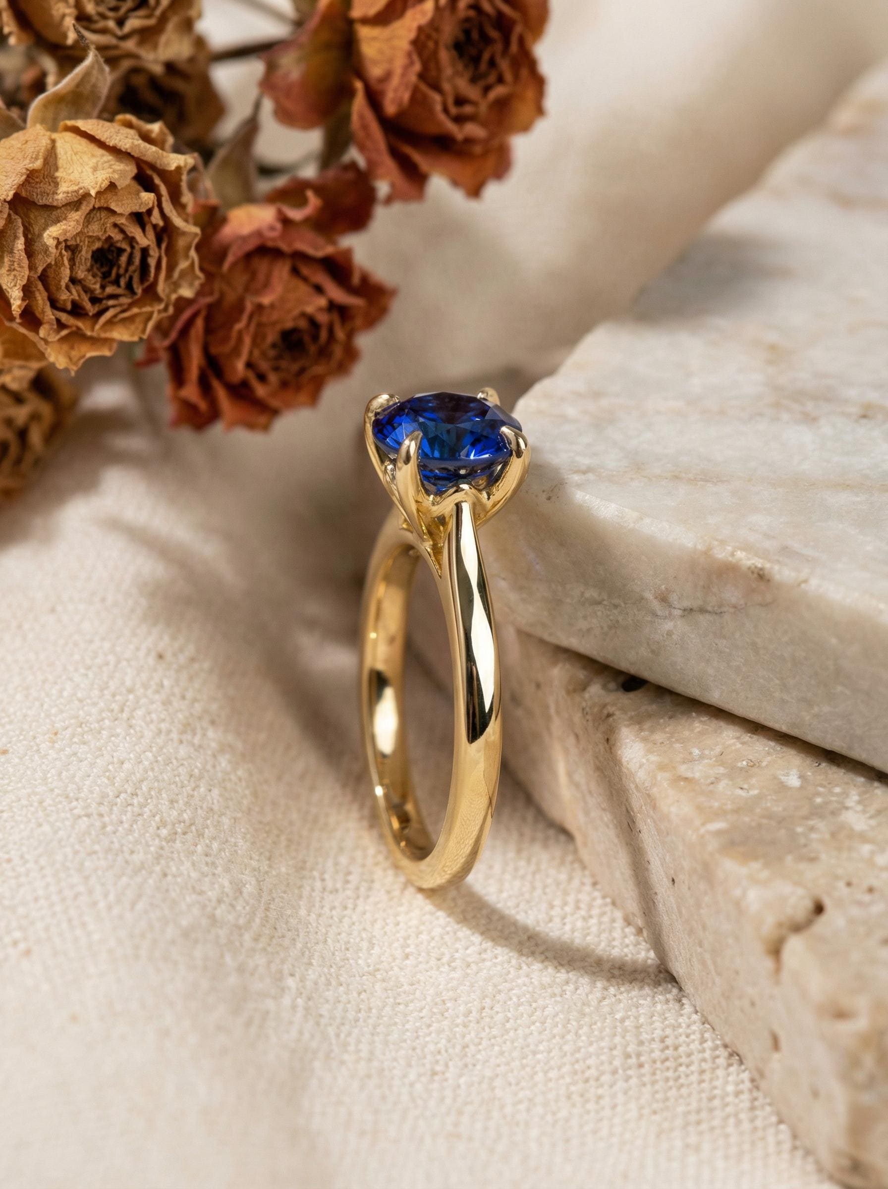 Royal Blue Sapphire Solitaire Engagement Ring, 8mm Round Cut, Double Claw Prong Promise Ring, September Birthstone Jewelry