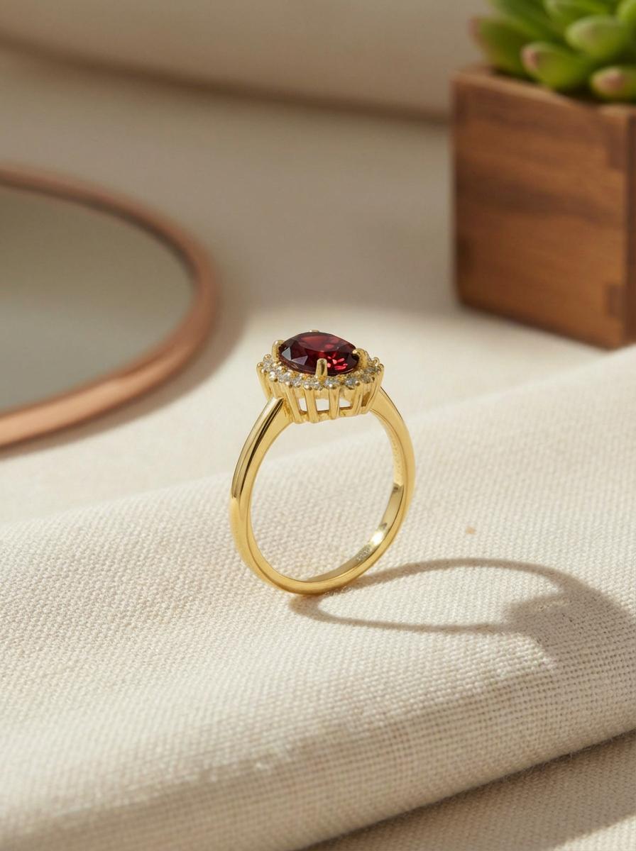 1.25 CT Garnet Oval Halo Ring, Red Gemstone Engagement Cluster Ring, January Birthstone Gift for Her