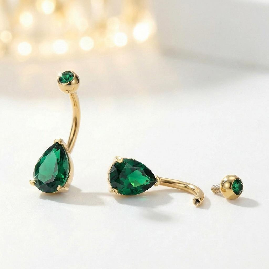 Sparkling Teardrop Emerald Belly Button Ring | Gold Tone Dangle Navel Piercing | Elegant Body Jewelry Gift for Her