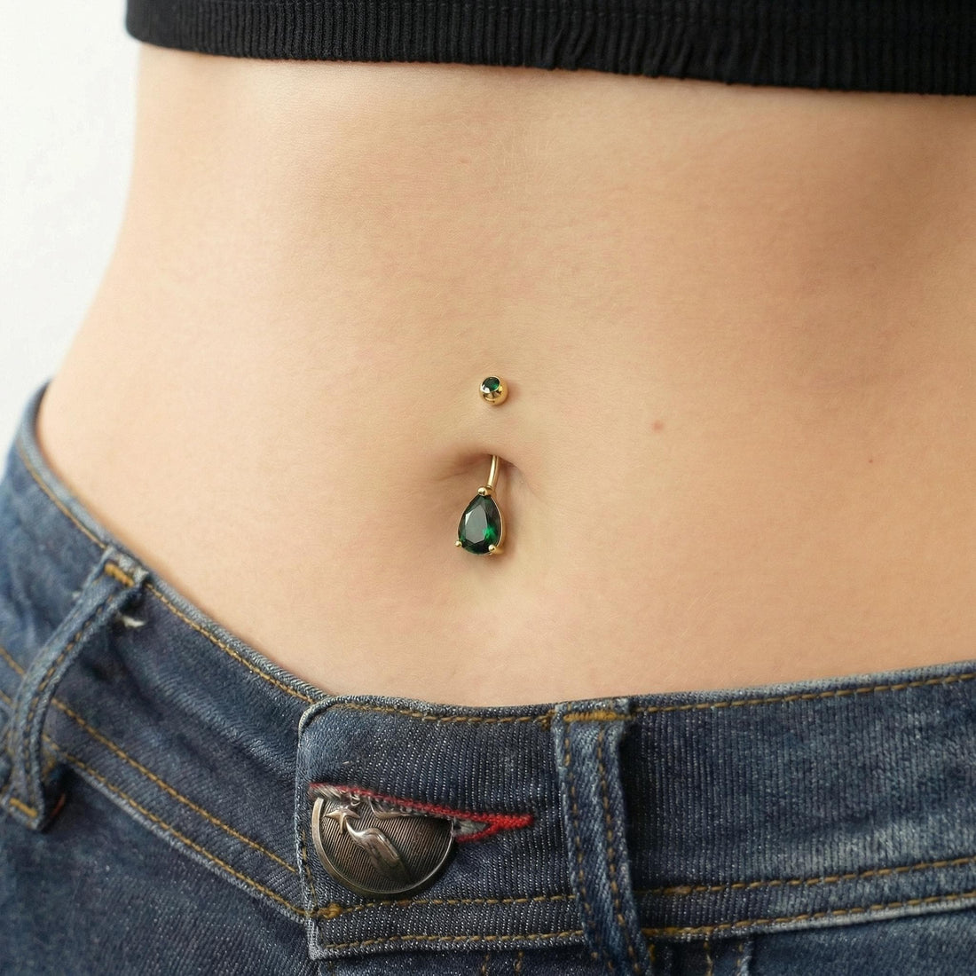 Sparkling Teardrop Emerald Belly Button Ring | Gold Tone Dangle Navel Piercing | Elegant Body Jewelry Gift for Her
