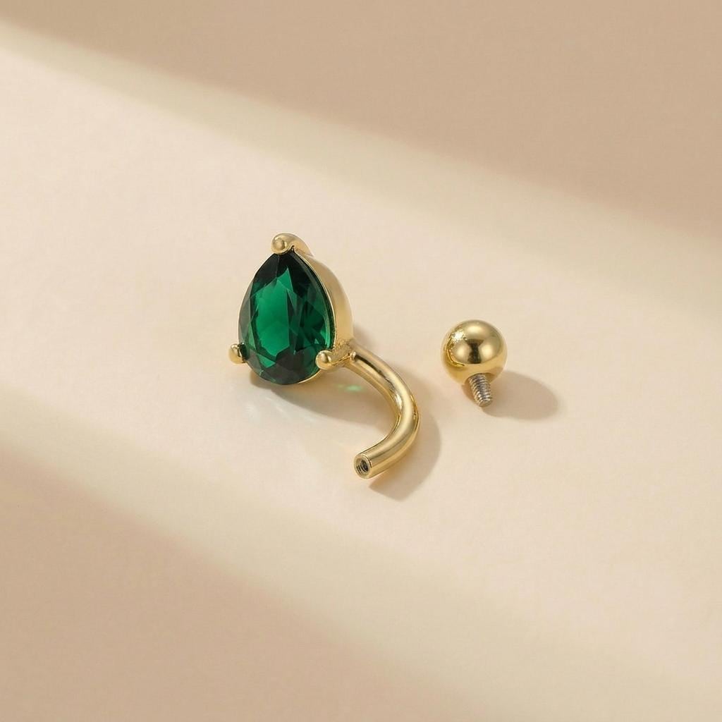 Sparkling Teardrop Emerald Belly Button Ring | Gold Tone Dangle Navel Piercing | Elegant Body Jewelry Gift for Her