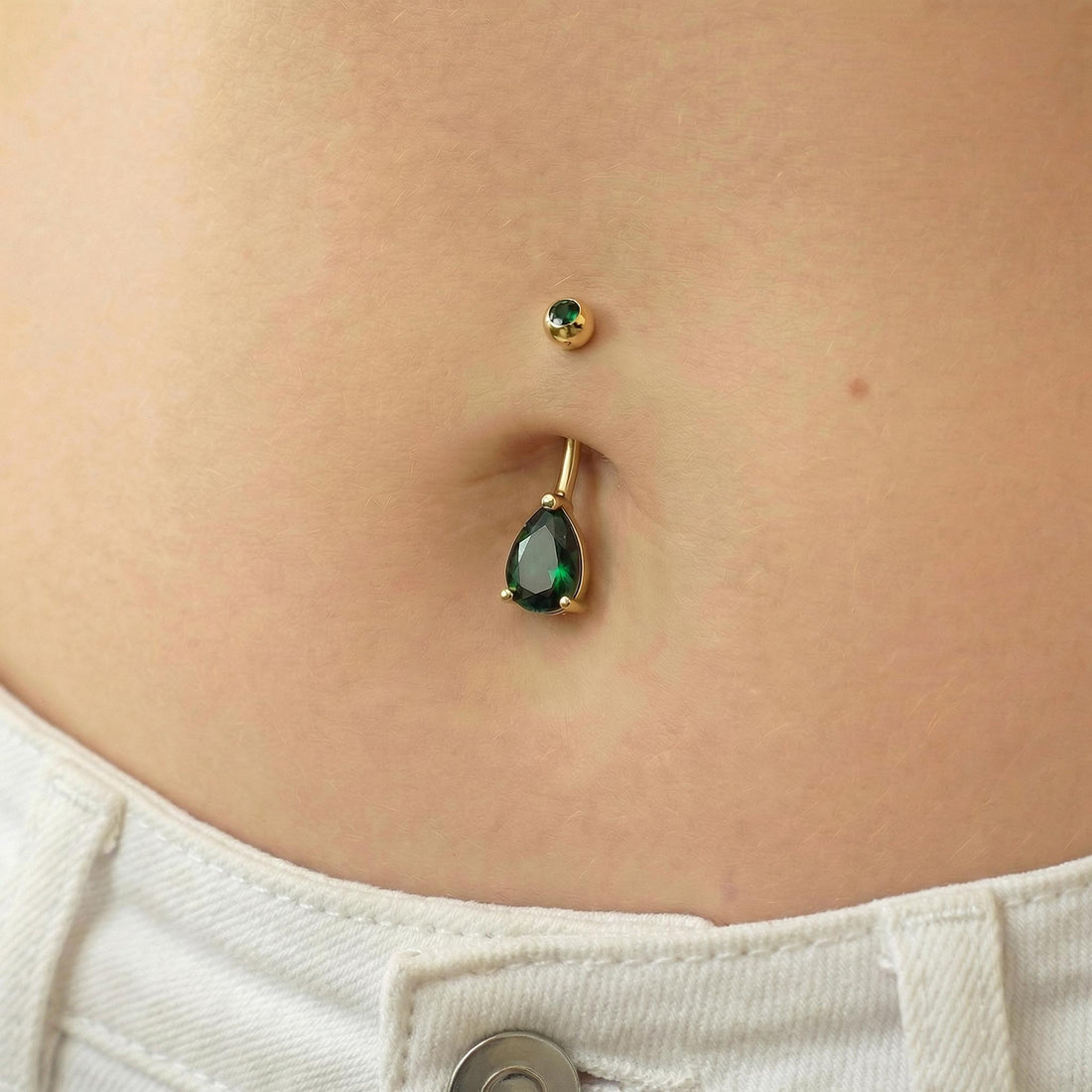 Sparkling Teardrop Emerald Belly Button Ring | Gold Tone Dangle Navel Piercing | Elegant Body Jewelry Gift for Her