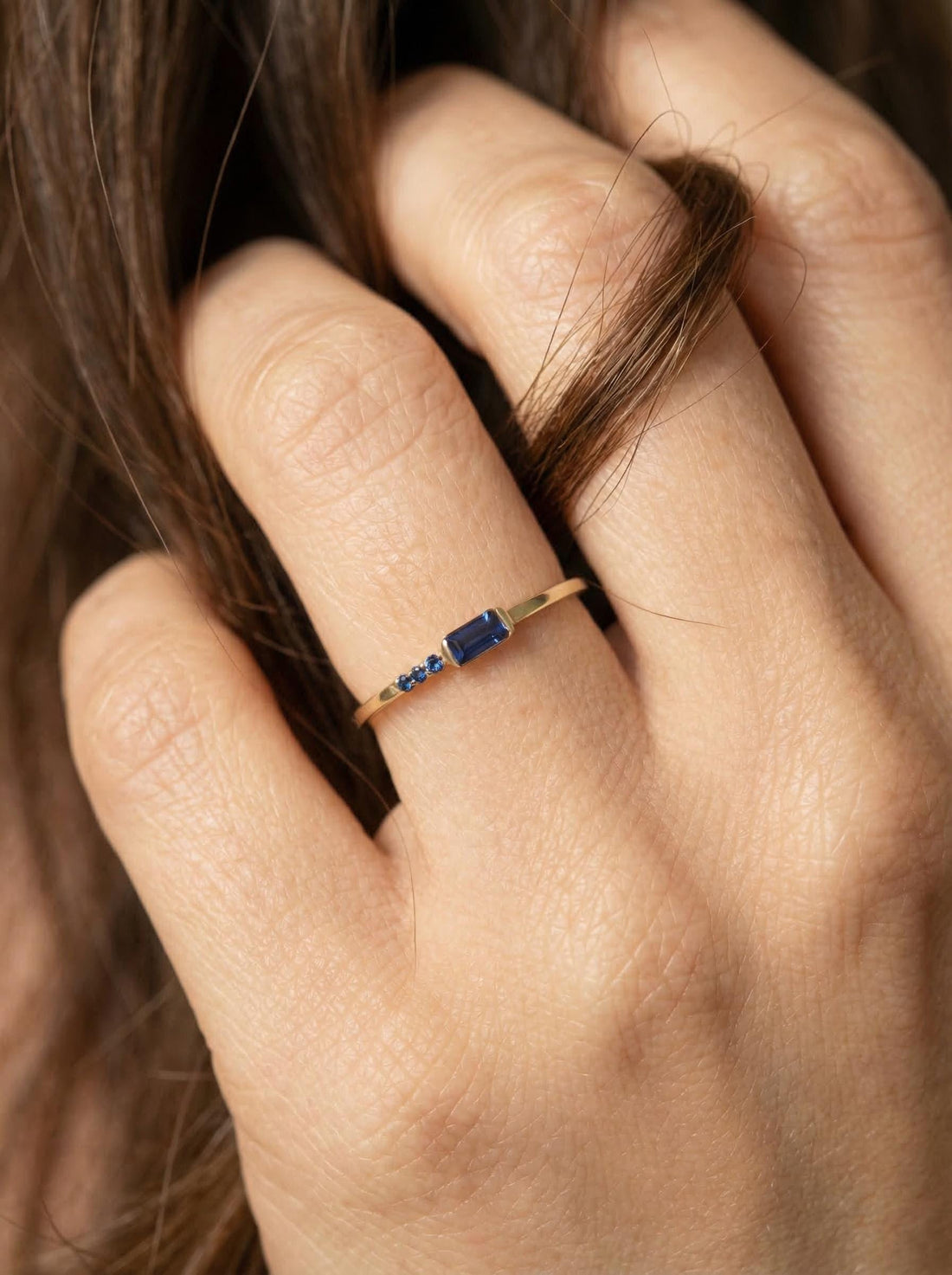 Dainty Baguette Sapphire Ring with Diamonds, 14K Gold Minimalist Stacking Ring, Delicate Blue Gemstone Engagement Ring, Septembe