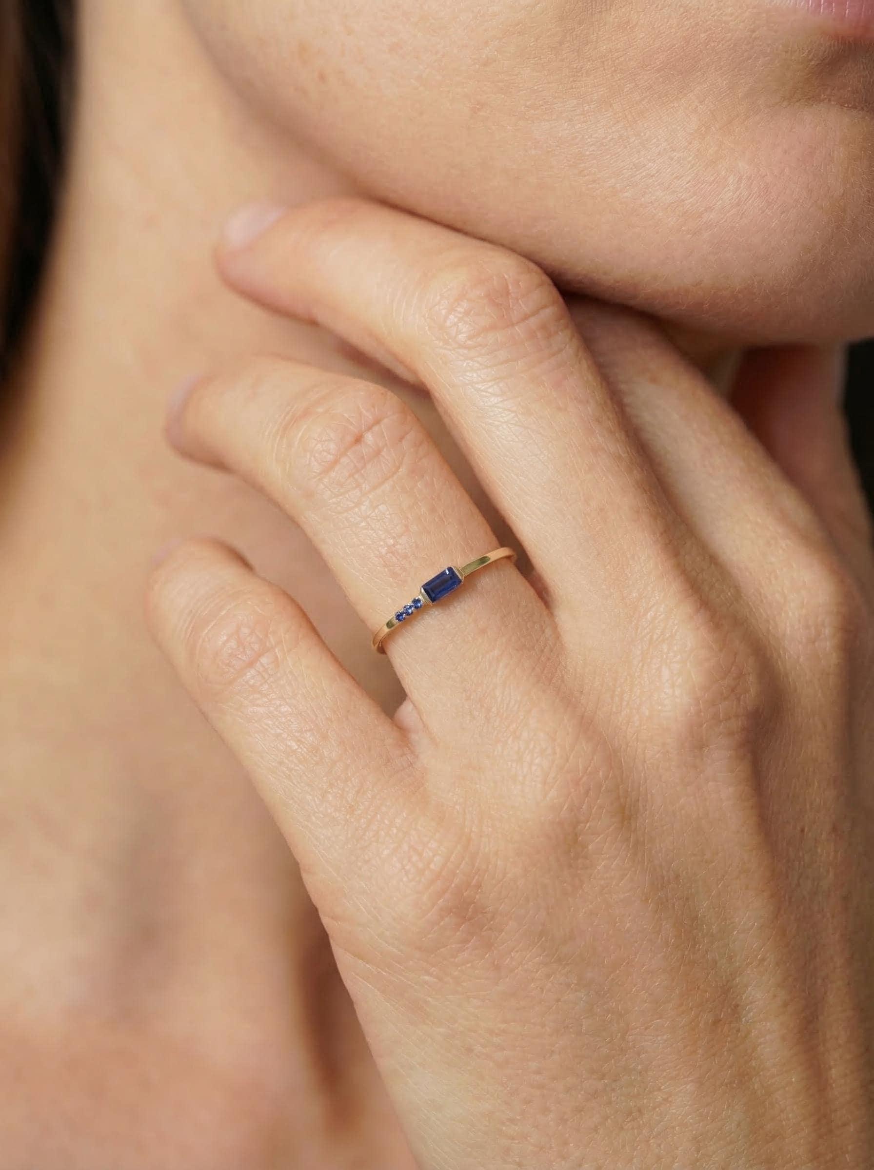 Dainty Baguette Sapphire Ring with Diamonds, 14K Gold Minimalist Stacking Ring, Delicate Blue Gemstone Engagement Ring, Septembe