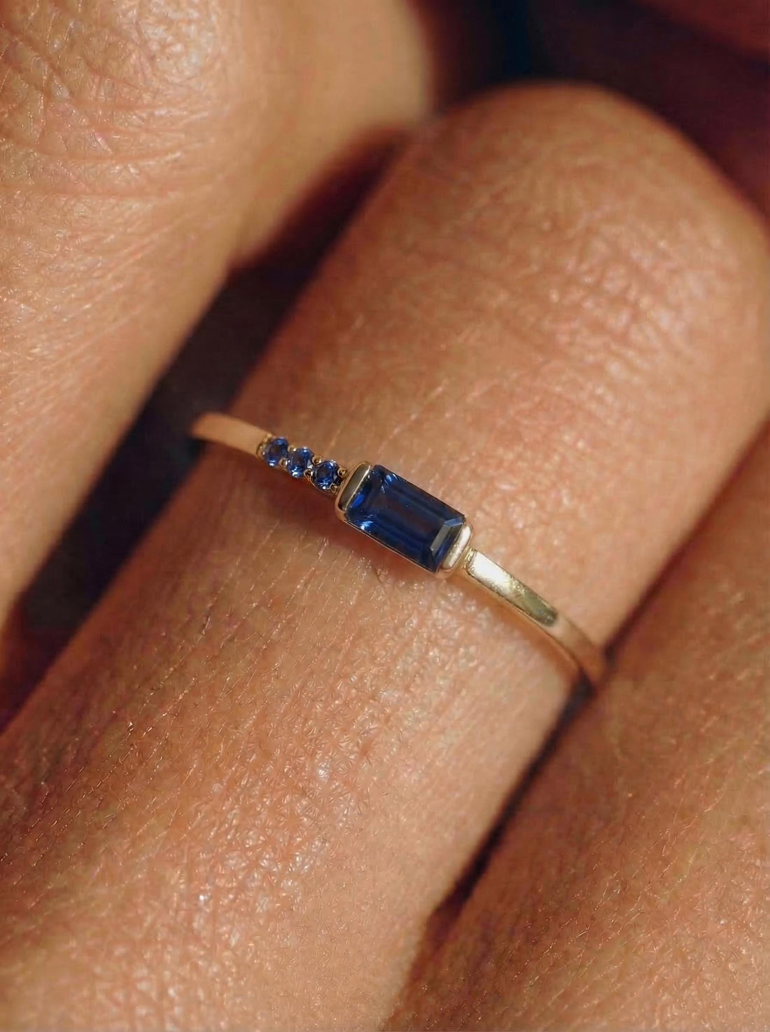 Dainty Baguette Sapphire Ring with Diamonds, 14K Gold Minimalist Stacking Ring, Delicate Blue Gemstone Engagement Ring, Septembe
