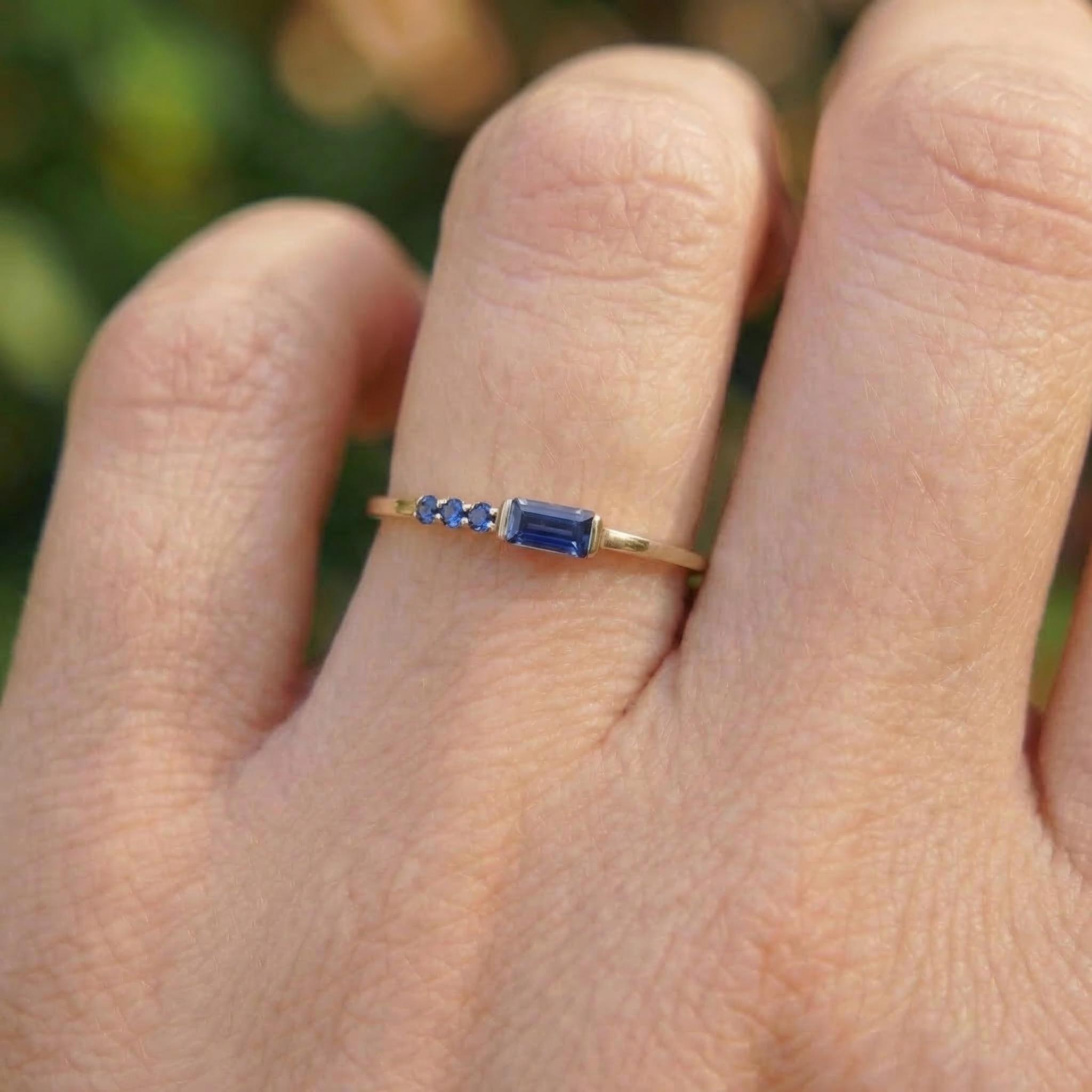 Dainty Baguette Sapphire Ring with Diamonds, 14K Gold Minimalist Stacking Ring, Delicate Blue Gemstone Engagement Ring, Septembe