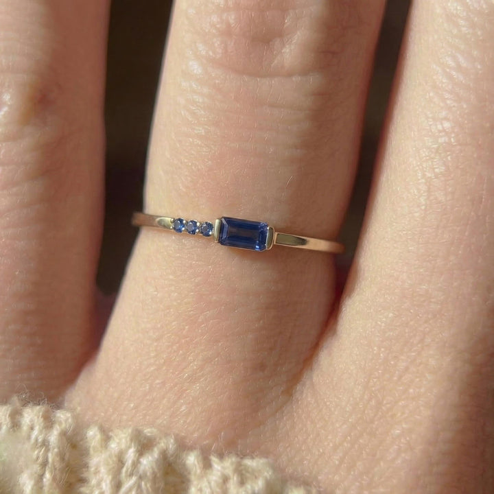 Dainty Baguette Sapphire Ring with Diamonds, 14K Gold Minimalist Stacking Ring, Delicate Blue Gemstone Engagement Ring, Septembe