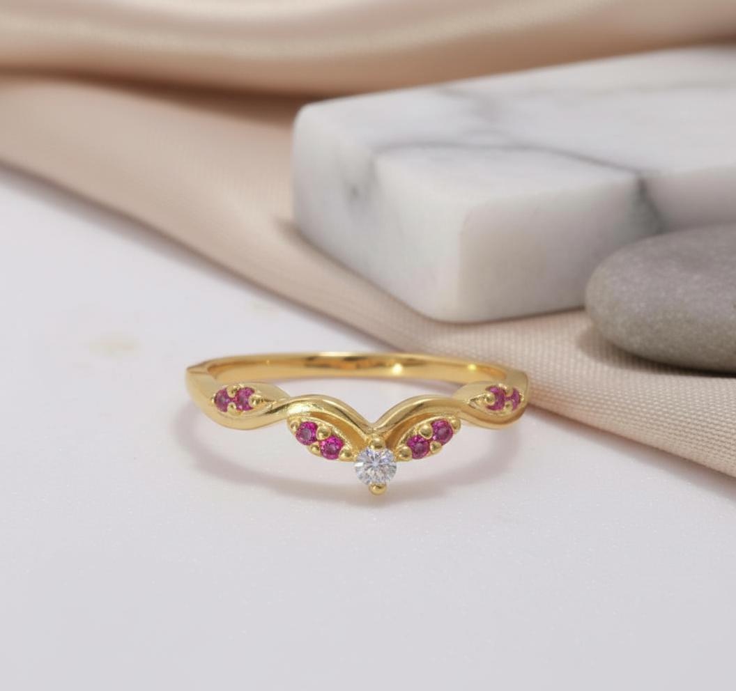 Pink Tourmaline Curved Wedding Band Chevron Stacking Ring Art Deco Contour Band Vibrant Pink Gemstone Ring October Birthstone Promise Ring