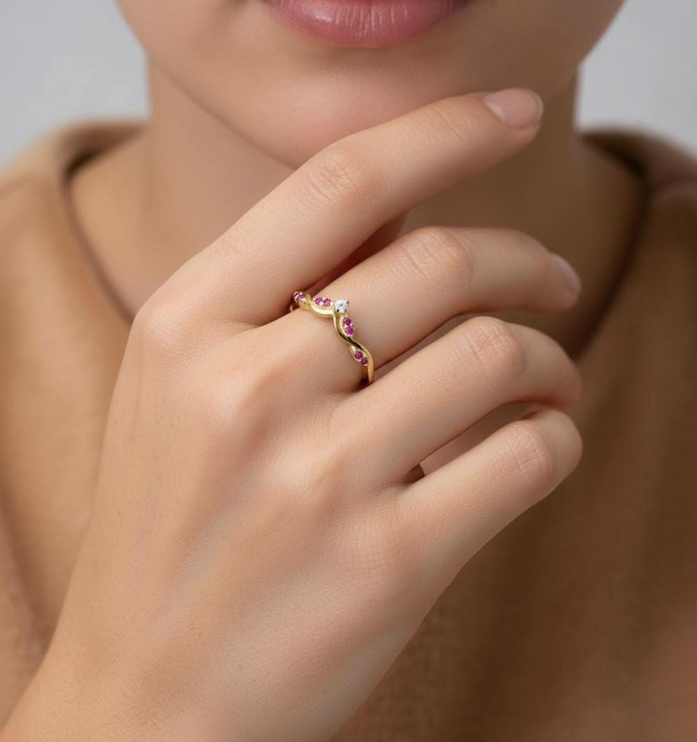 Pink Tourmaline Curved Wedding Band Chevron Stacking Ring Art Deco Contour Band Vibrant Pink Gemstone Ring October Birthstone Promise Ring