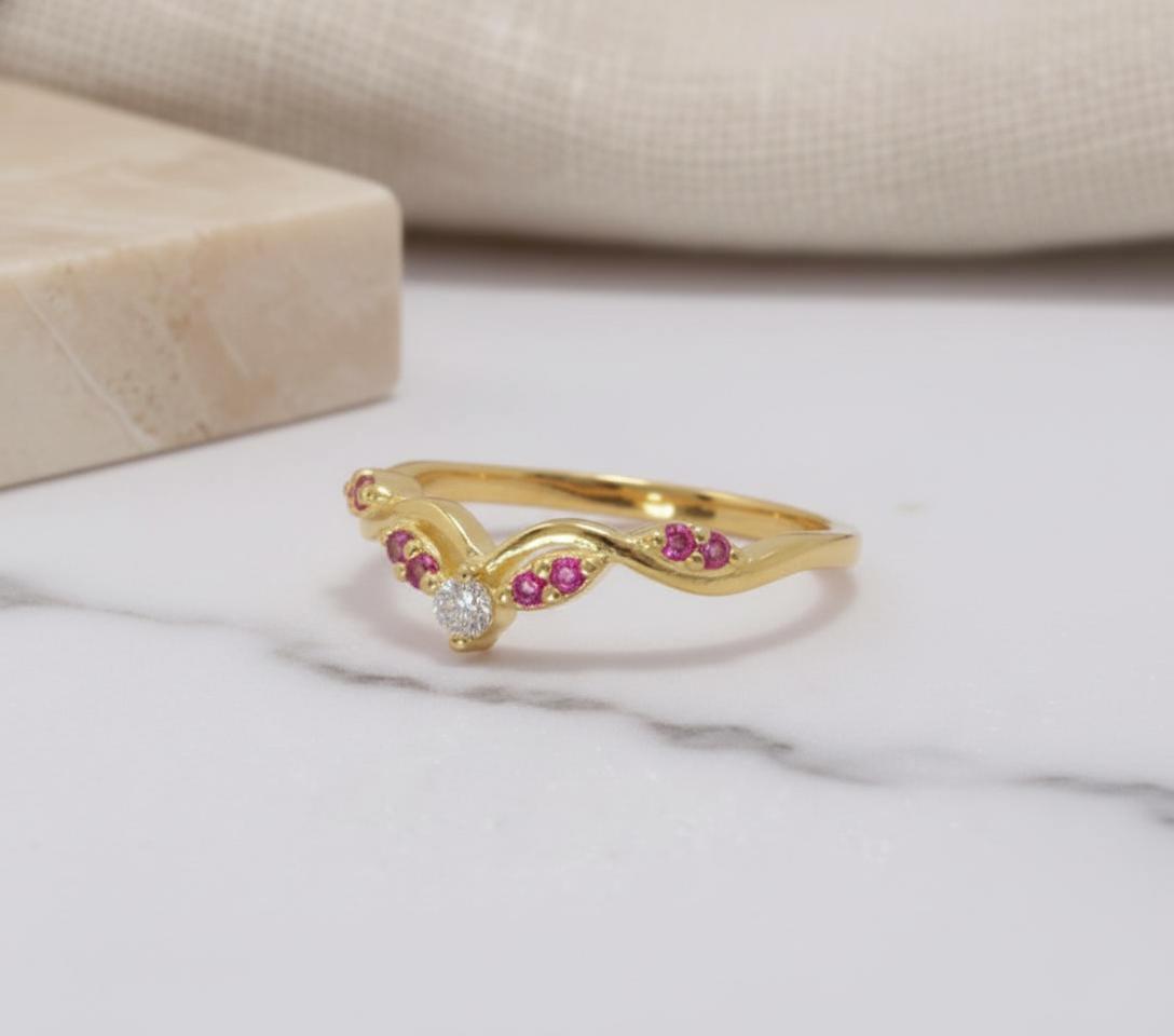 Pink Tourmaline Curved Wedding Band Chevron Stacking Ring Art Deco Contour Band Vibrant Pink Gemstone Ring October Birthstone Promise Ring