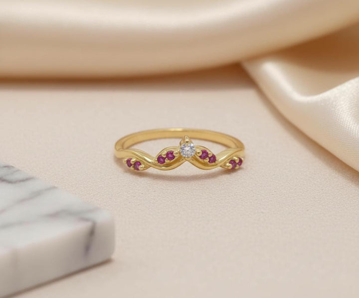 Pink Tourmaline Curved Wedding Band Chevron Stacking Ring Art Deco Contour Band Vibrant Pink Gemstone Ring October Birthstone Promise Ring