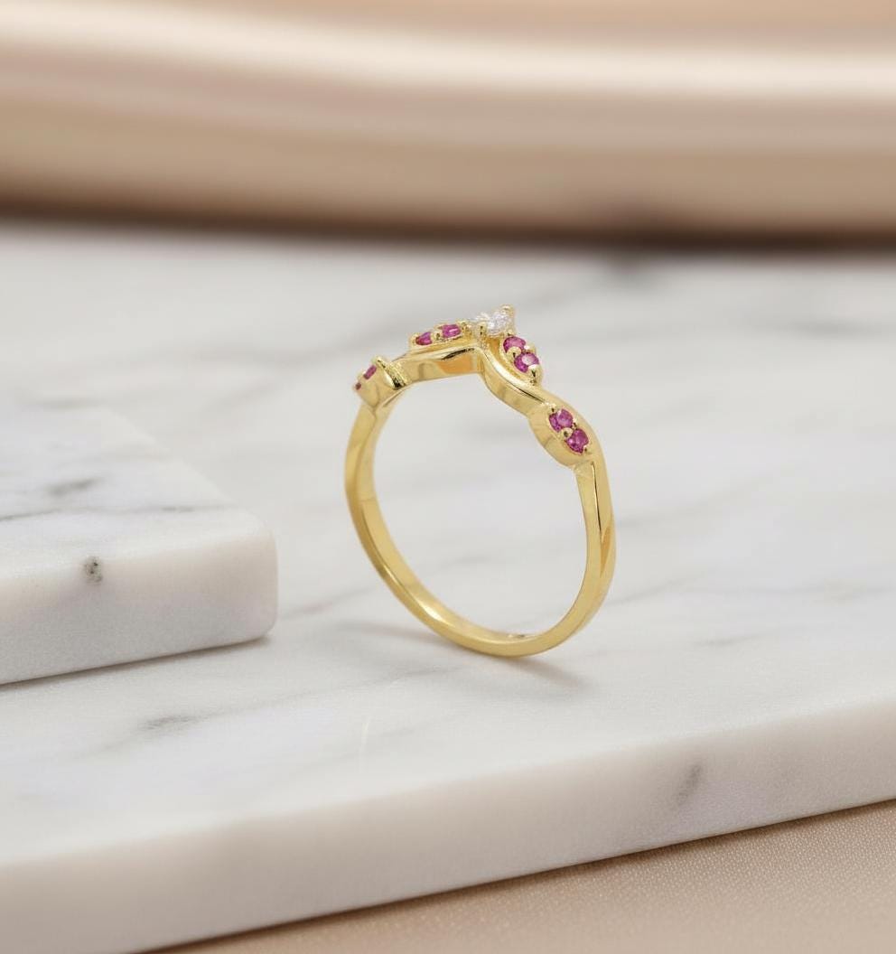 Pink Tourmaline Curved Wedding Band Chevron Stacking Ring Art Deco Contour Band Vibrant Pink Gemstone Ring October Birthstone Promise Ring