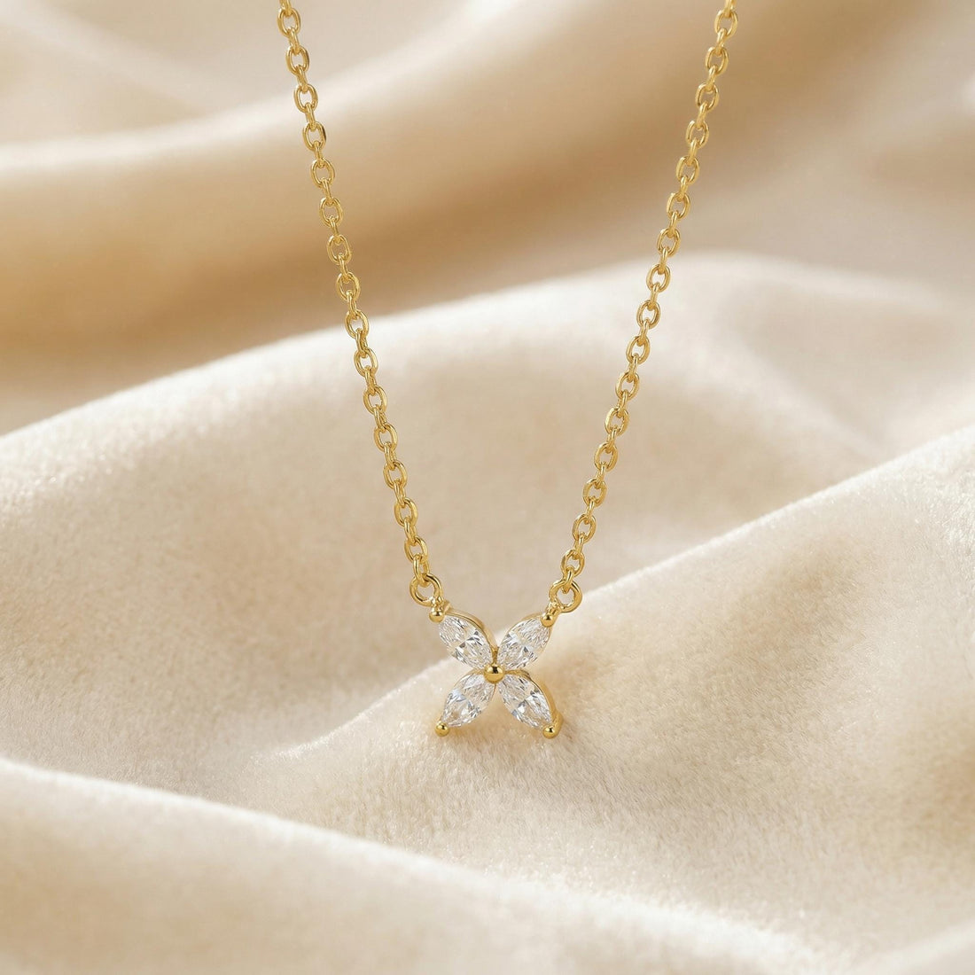 Bridesmaid Gift Moissanite Necklace, Marquise Flower Pendant, Dainty Silver Charm, Minimalist Bridal Party Jewelry, 4 Stone Starburst Choker