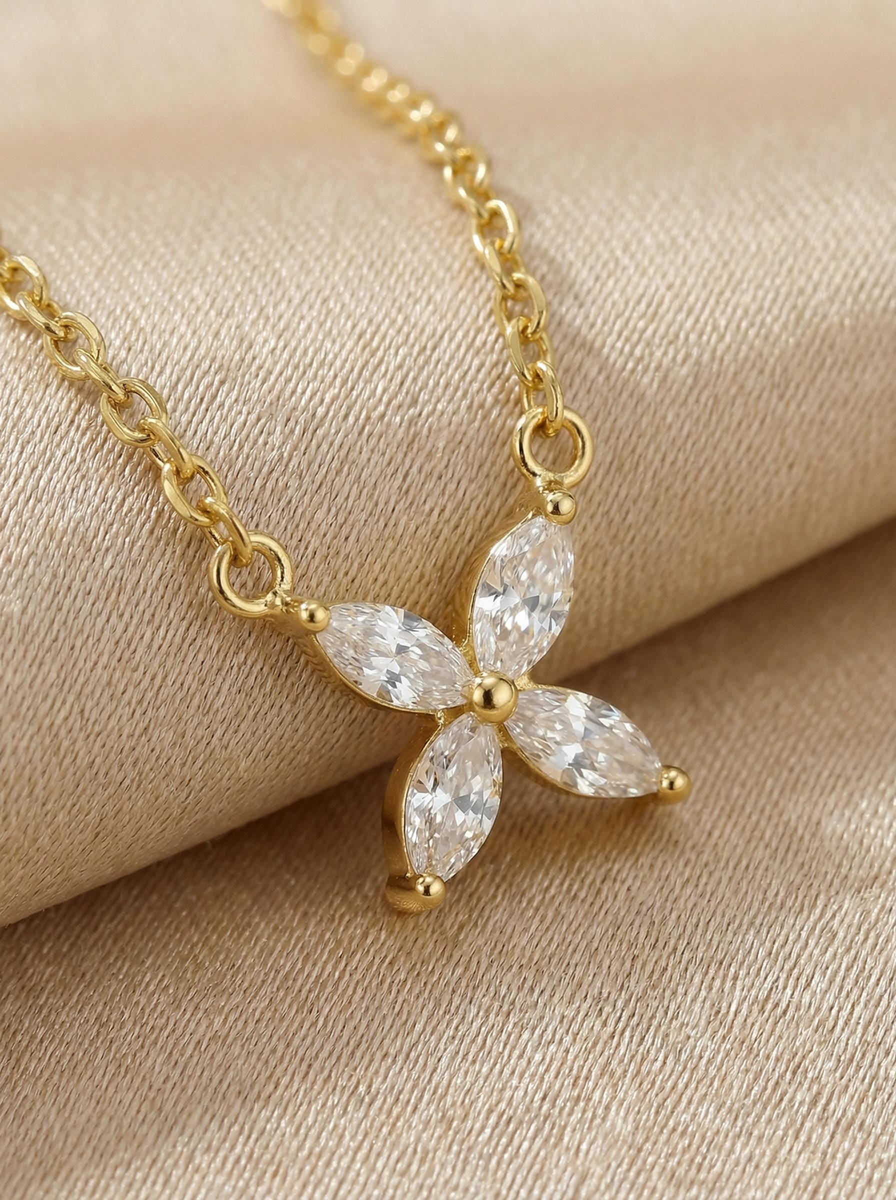 Bridesmaid Gift Moissanite Necklace, Marquise Flower Pendant, Dainty Silver Charm, Minimalist Bridal Party Jewelry, 4 Stone Starburst Choker