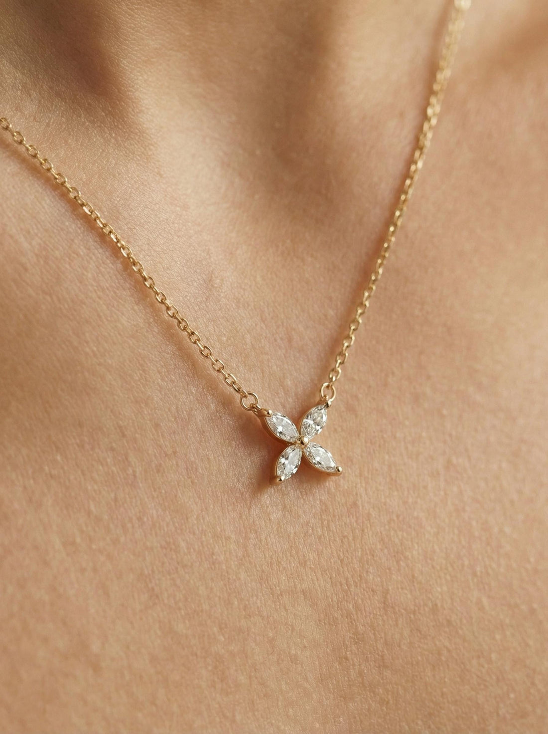 Bridesmaid Gift Moissanite Necklace, Marquise Flower Pendant, Dainty Silver Charm, Minimalist Bridal Party Jewelry, 4 Stone Starburst Choker