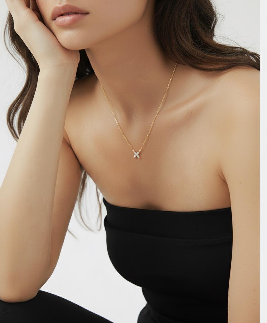 Bridesmaid Gift Moissanite Necklace, Marquise Flower Pendant, Dainty Silver Charm, Minimalist Bridal Party Jewelry, 4 Stone Starburst Choker