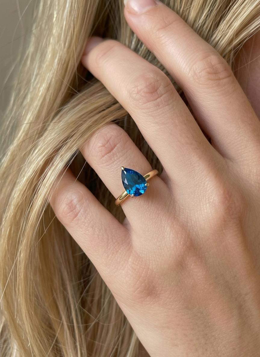 Blue Zircon Birthstone  Ring, Pear Cut Solitaire Engagement Ring, December Gemstone, Teardrop Promise Ring