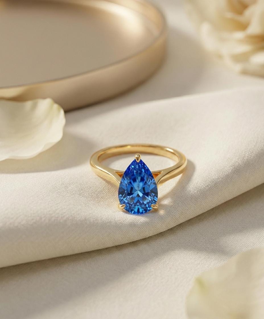 Blue Zircon Birthstone  Ring, Pear Cut Solitaire Engagement Ring, December Gemstone, Teardrop Promise Ring