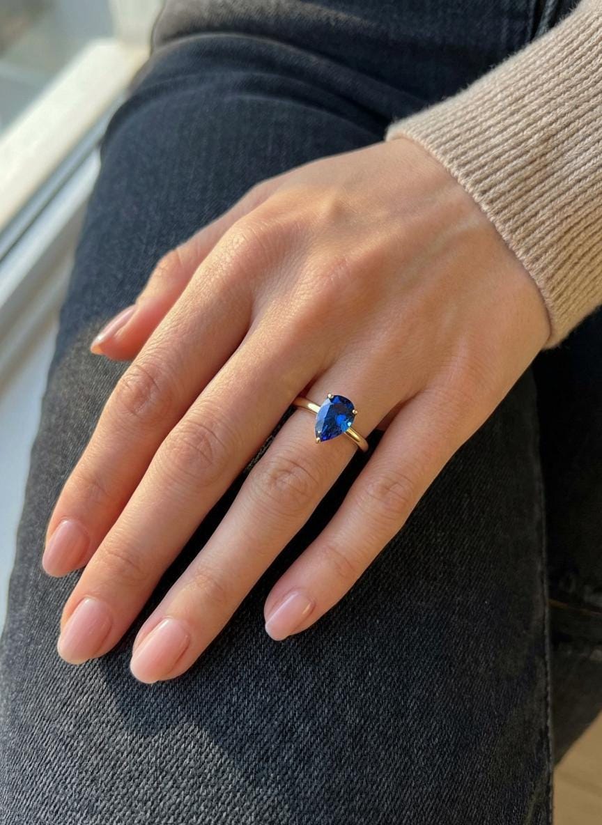 Blue Zircon Birthstone  Ring, Pear Cut Solitaire Engagement Ring, December Gemstone, Teardrop Promise Ring