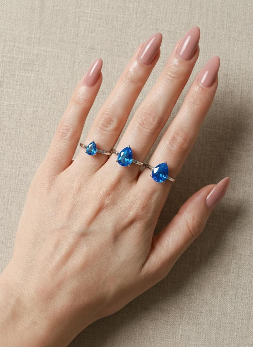 Blue Zircon Birthstone  Ring, Pear Cut Solitaire Engagement Ring, December Gemstone, Teardrop Promise Ring