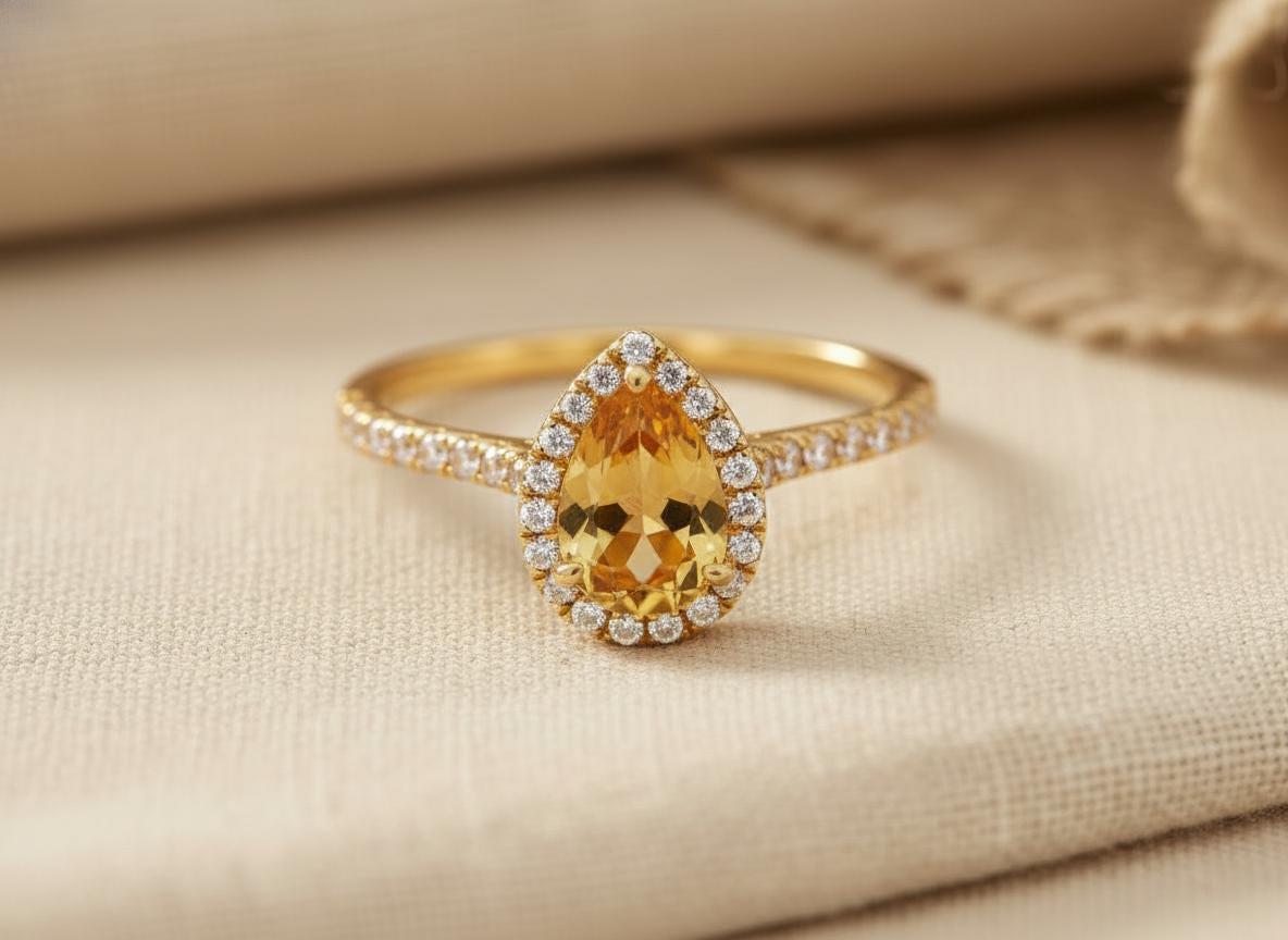 Citrine Birthstone Engagement Ring November Birthstone Ring Halo Engagement Ring 14K Gold Promise Ring Bridal Jewelry Gift for Her