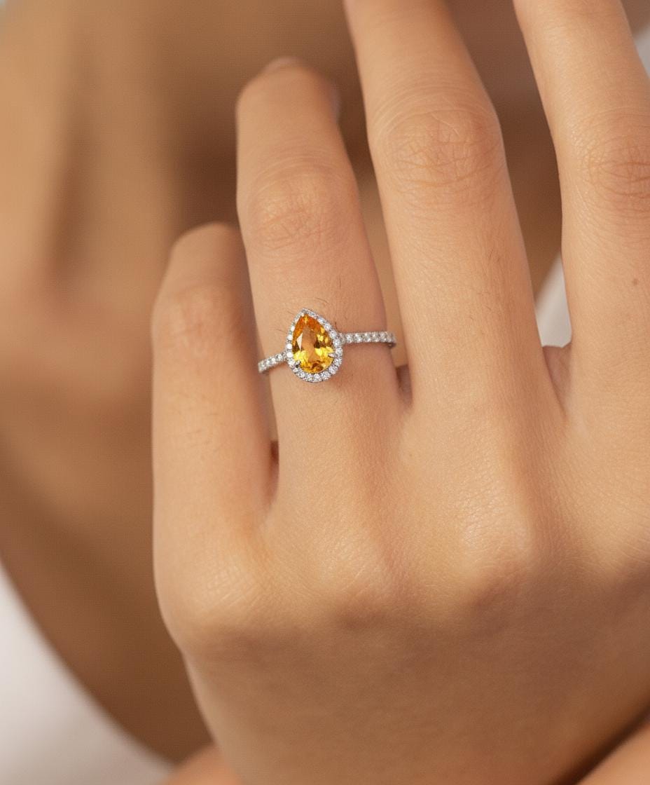 Citrine Birthstone Engagement Ring November Birthstone Ring Halo Engagement Ring 14K Gold Promise Ring Bridal Jewelry Gift for Her