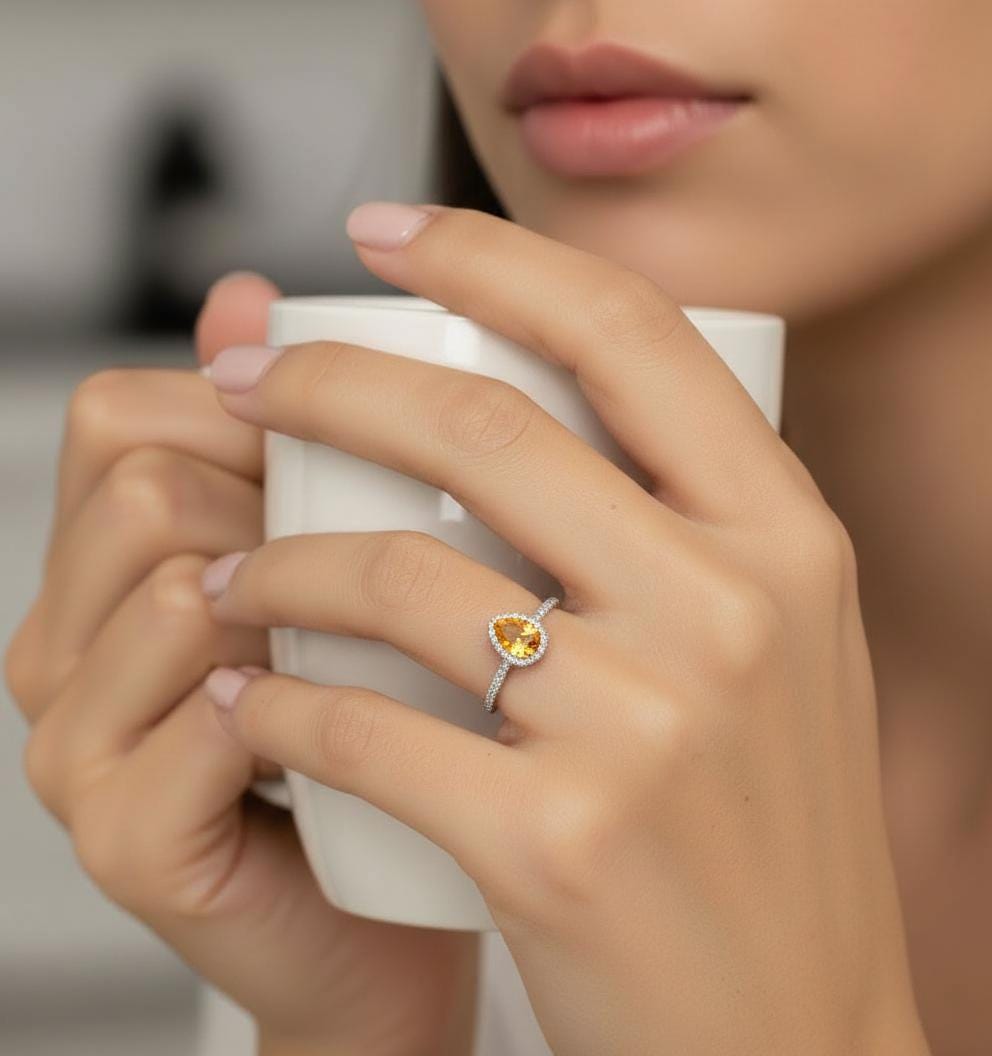 Citrine Birthstone Engagement Ring November Birthstone Ring Halo Engagement Ring 14K Gold Promise Ring Bridal Jewelry Gift for Her