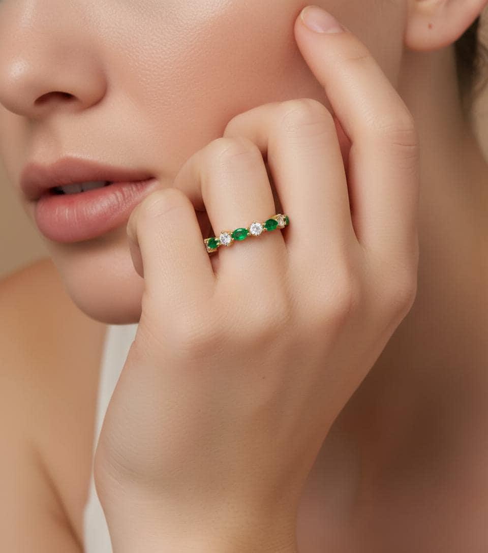 Graduation Gift Emerald Ring, Marquise and Round Band, Alternating Green Gemstone Half Eternity, Vintage Art Deco Style, May Birthstone
