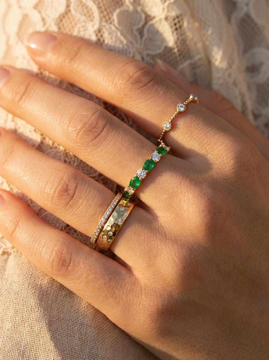 Graduation Gift Emerald Ring, Marquise and Round Band, Alternating Green Gemstone Half Eternity, Vintage Art Deco Style, May Birthstone